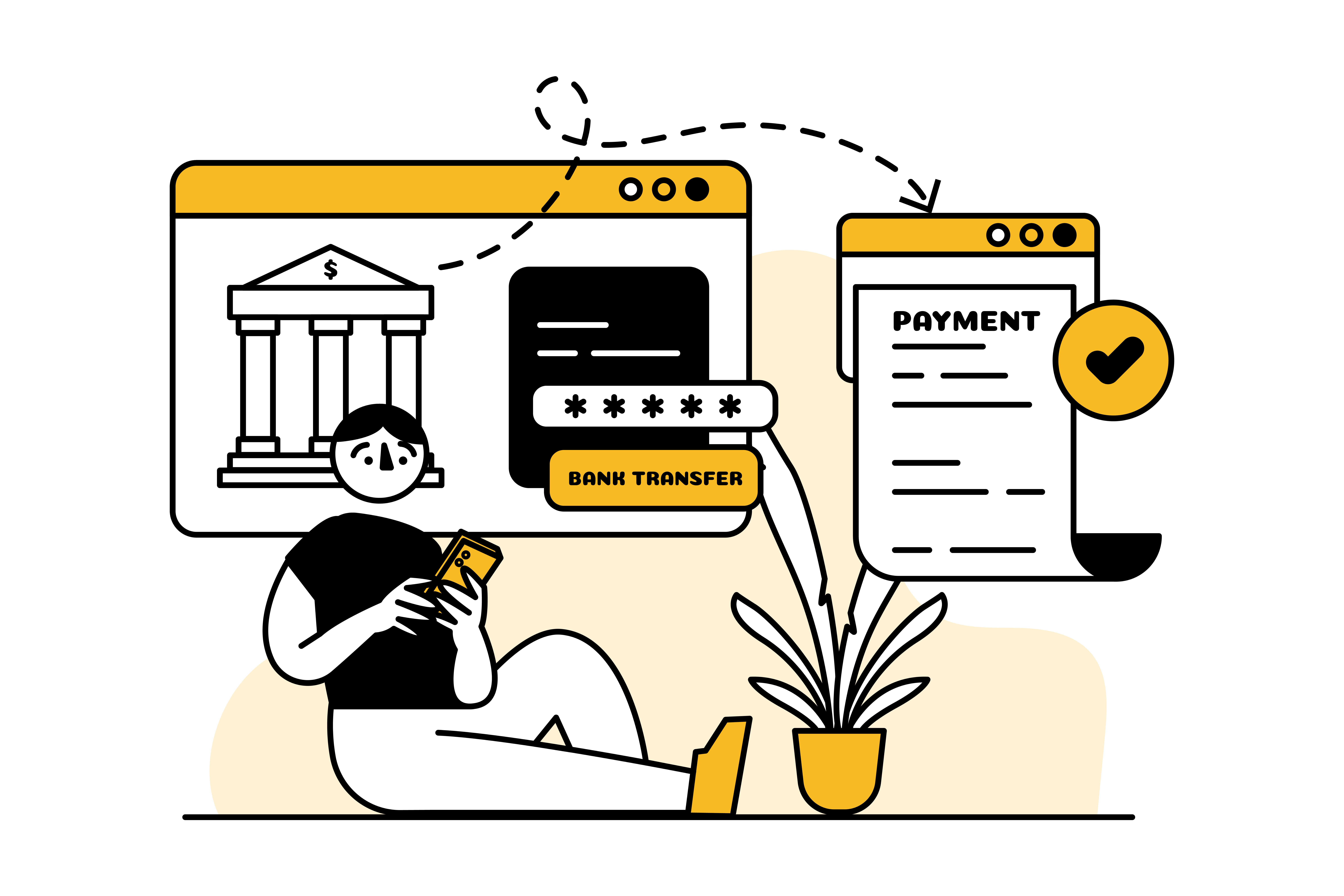 Person paying bills with online payments graphic